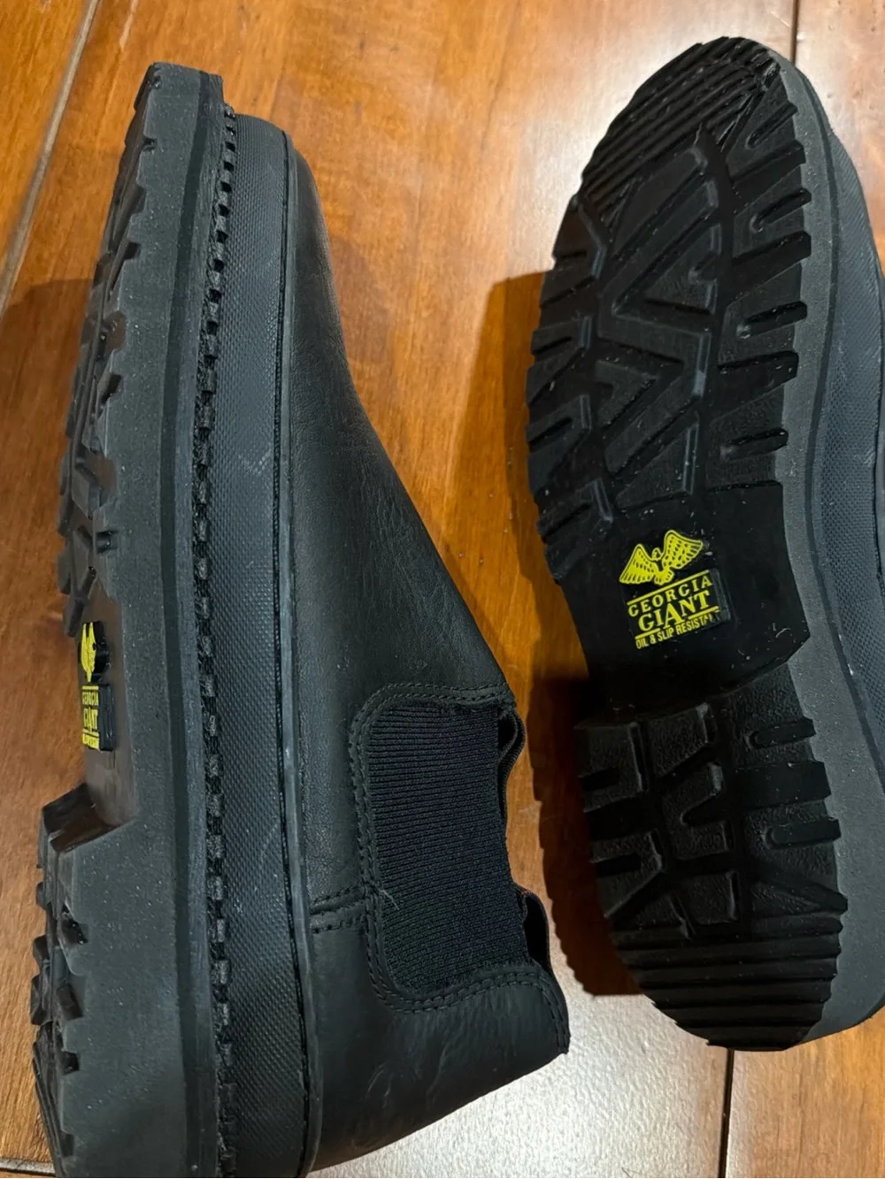 Georgia Boot Black Slip-On Work Boots with Red Trim Pull Tabs